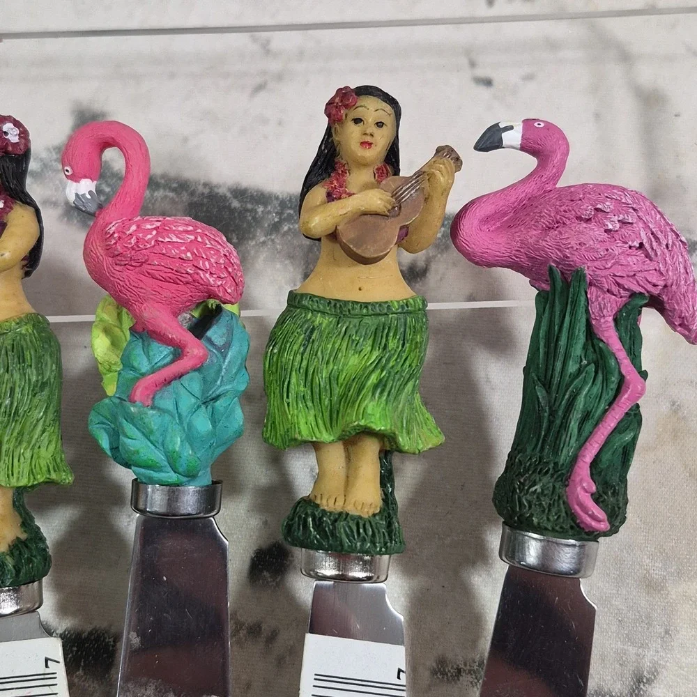 Cheese Spreader Knives Hawaiian Tropical Lot Of 5 Pink Flamingos Hula Dancers